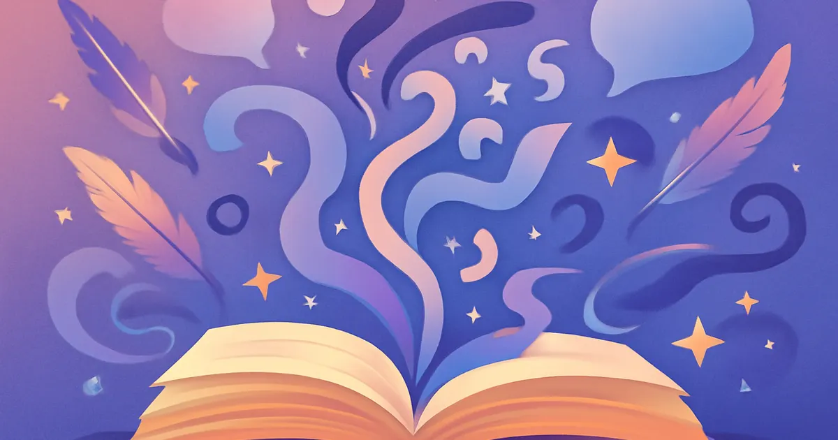 Colorful editorial illustration of an open book with the word And leading a flowing sentence of words