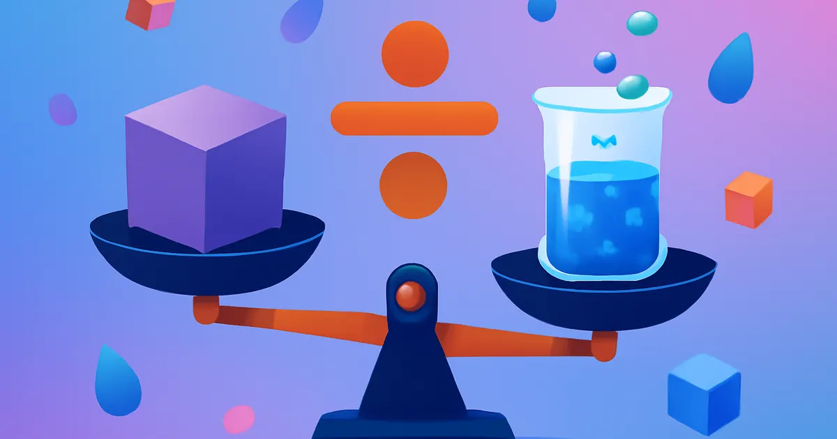 Illustration showing mass on a scale divided by volume in a beaker to find density