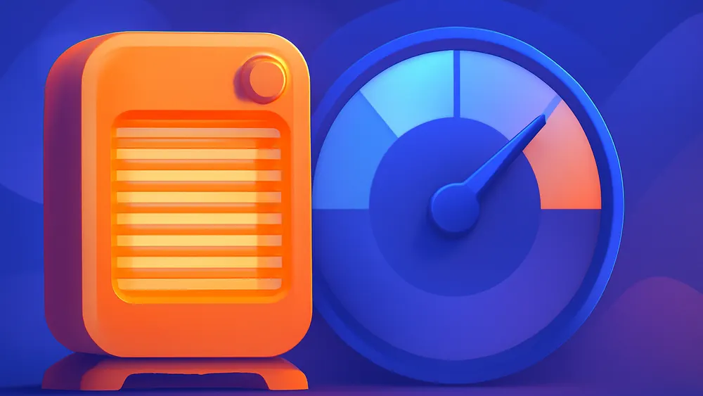Conceptual illustration of a glowing space heater beside a rising cost gauge