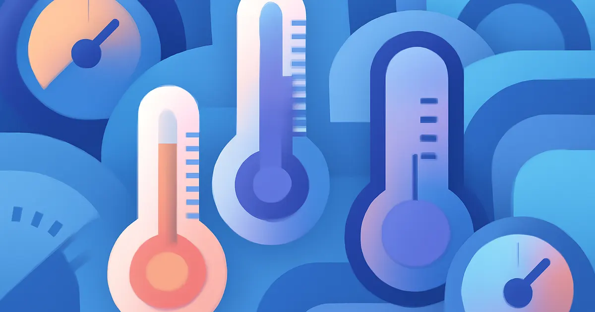 Colorful flat illustration of thermometers and scales showing a Fahrenheit to Celsius temperature conversion
