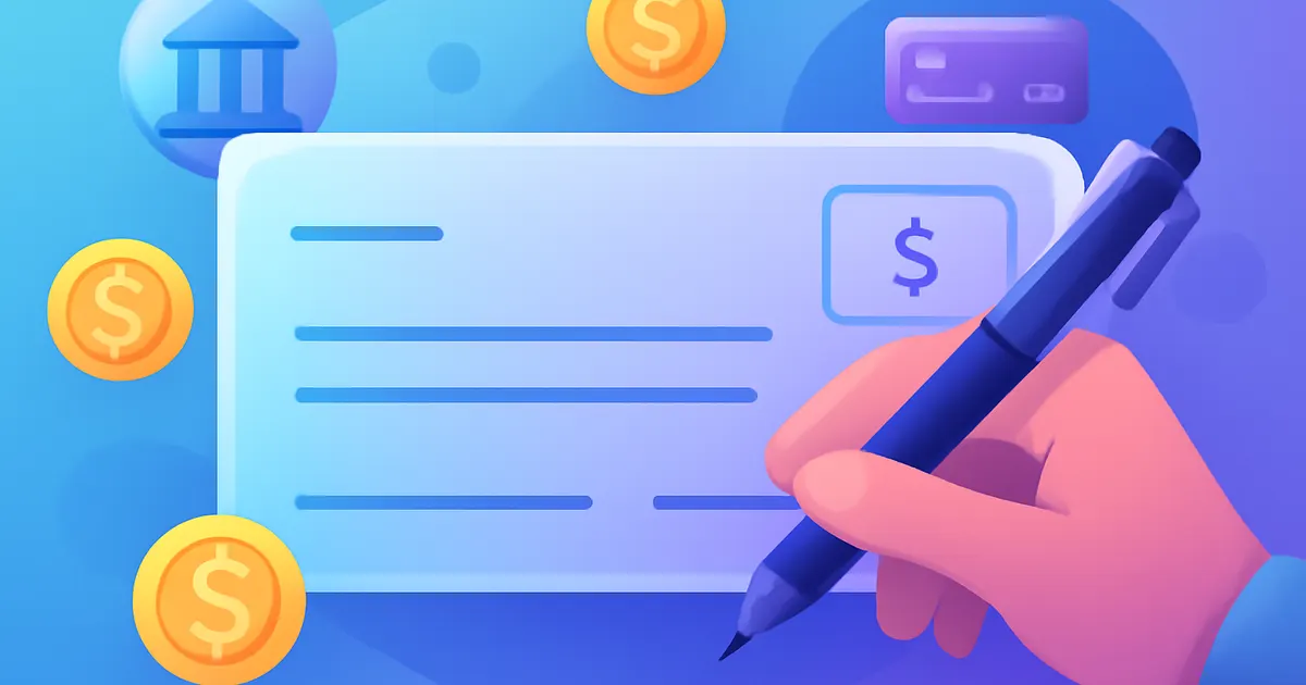 A hand filling out a paper check showing the date, payee, amount box, and signature line
